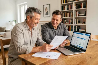 Couple consultant un logiciel de prix immobilier pour réduire les frais d'agence