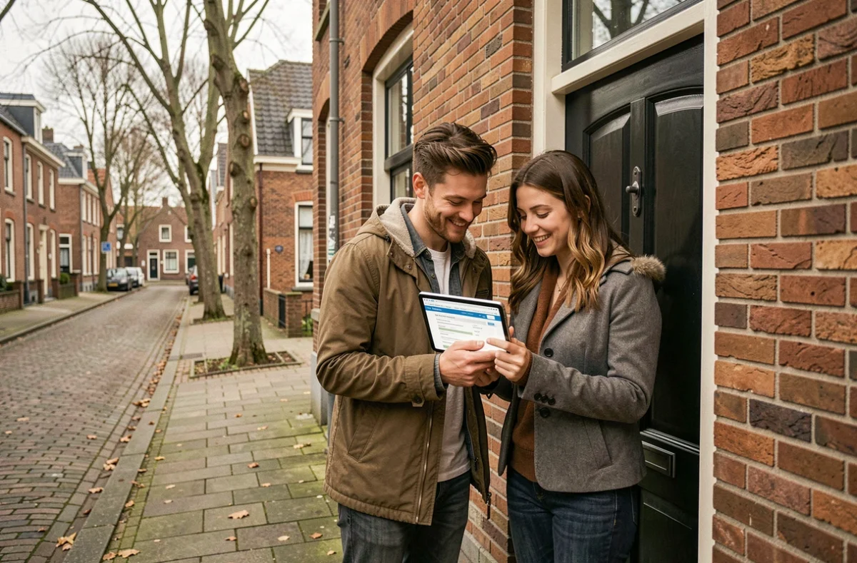Couple devant une maison en briques rouges à Lille comparant des offres d'assurance habitation sur tablette