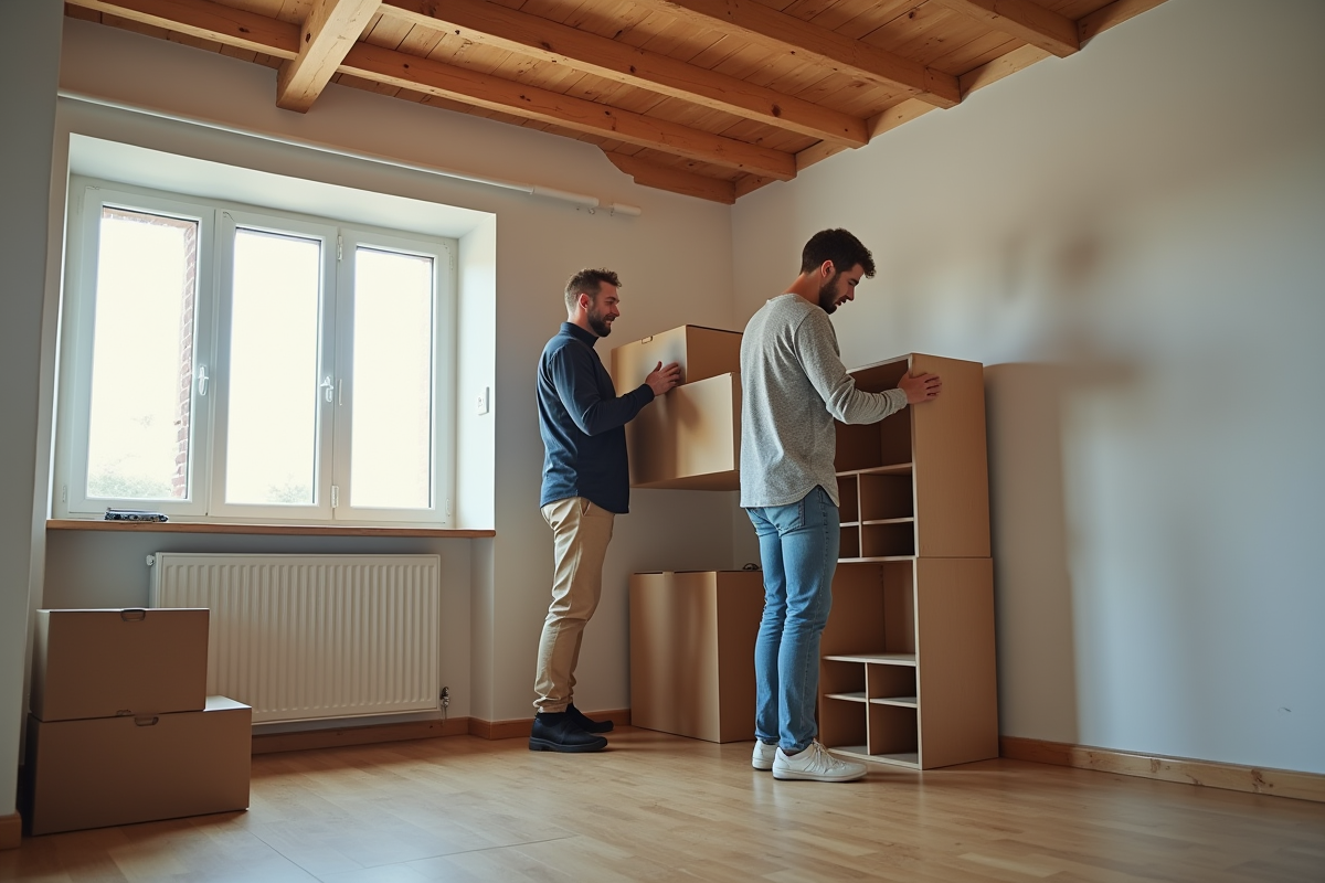 Couple assemble une étagère dans un salon en cours d