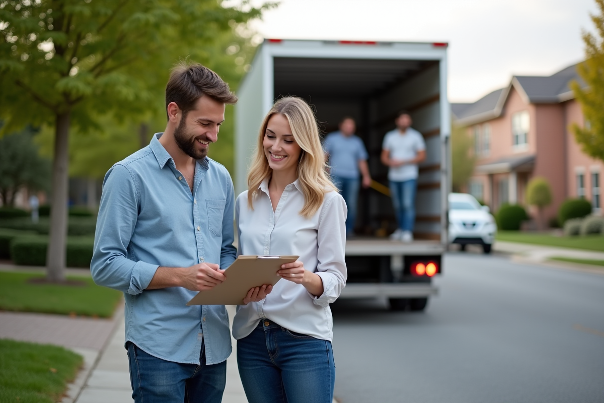 Jeune couple vérifiant un formulaire devant un camion de déménagement