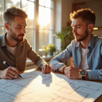 Jeune couple examinant des plans dans la cuisine
