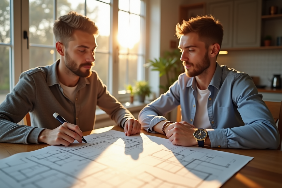 Jeune couple examinant des plans dans la cuisine