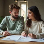 Jeune couple de primo-accédants consultant des documents immobiliers sur un ordinateur portable dans un appartement lyonnais
