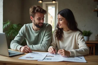Jeune couple de primo-accédants consultant des documents immobiliers sur un ordinateur portable dans un appartement lyonnais