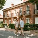 Couple se promenant dans une rue résidentielle de Montaudran avec des maisons en briques roses typiques de Toulouse