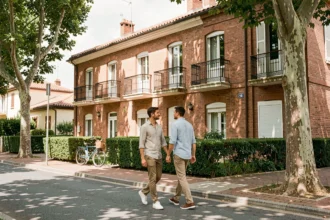 Couple se promenant dans une rue résidentielle de Montaudran avec des maisons en briques roses typiques de Toulouse