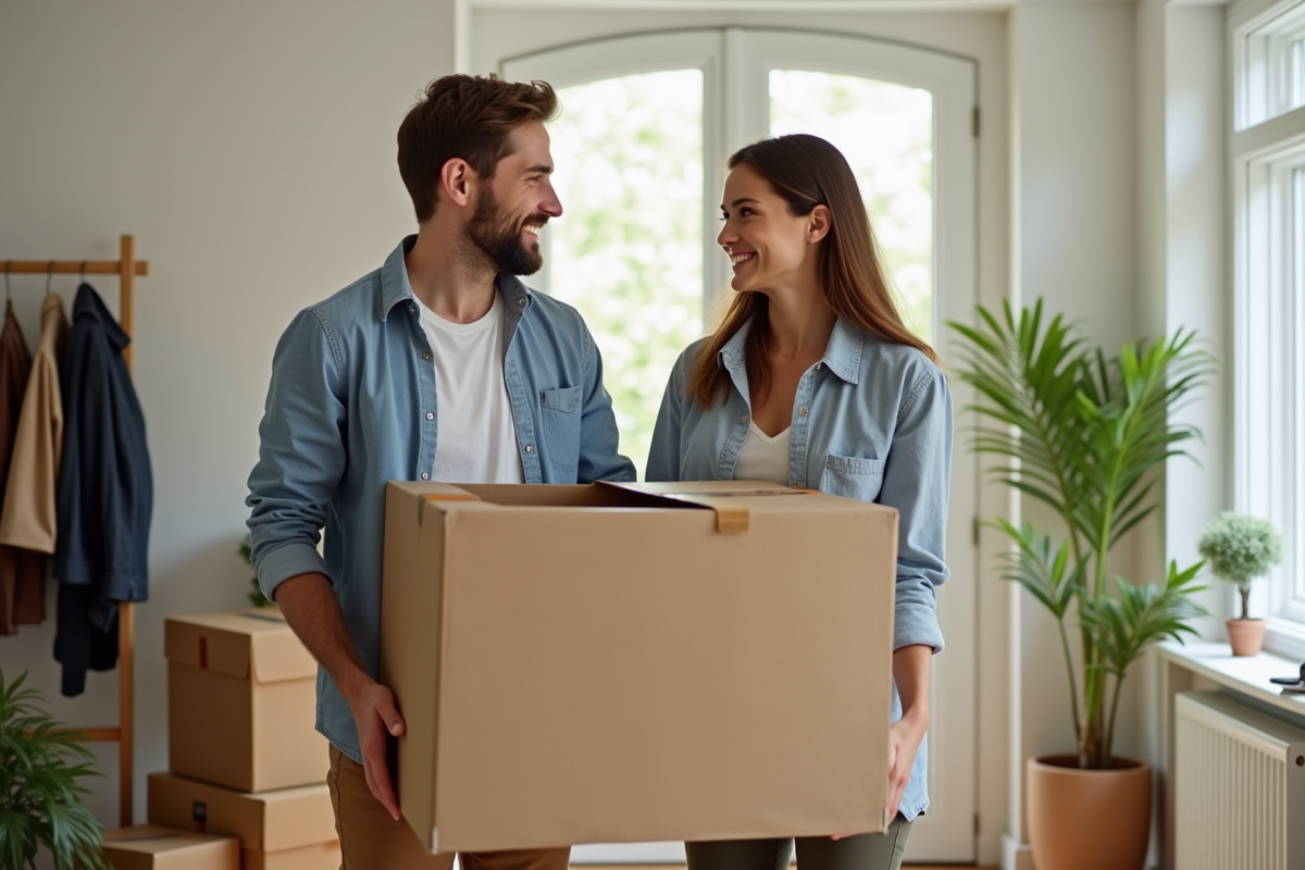 Jeune couple scotchant une grande boîte de déménagement