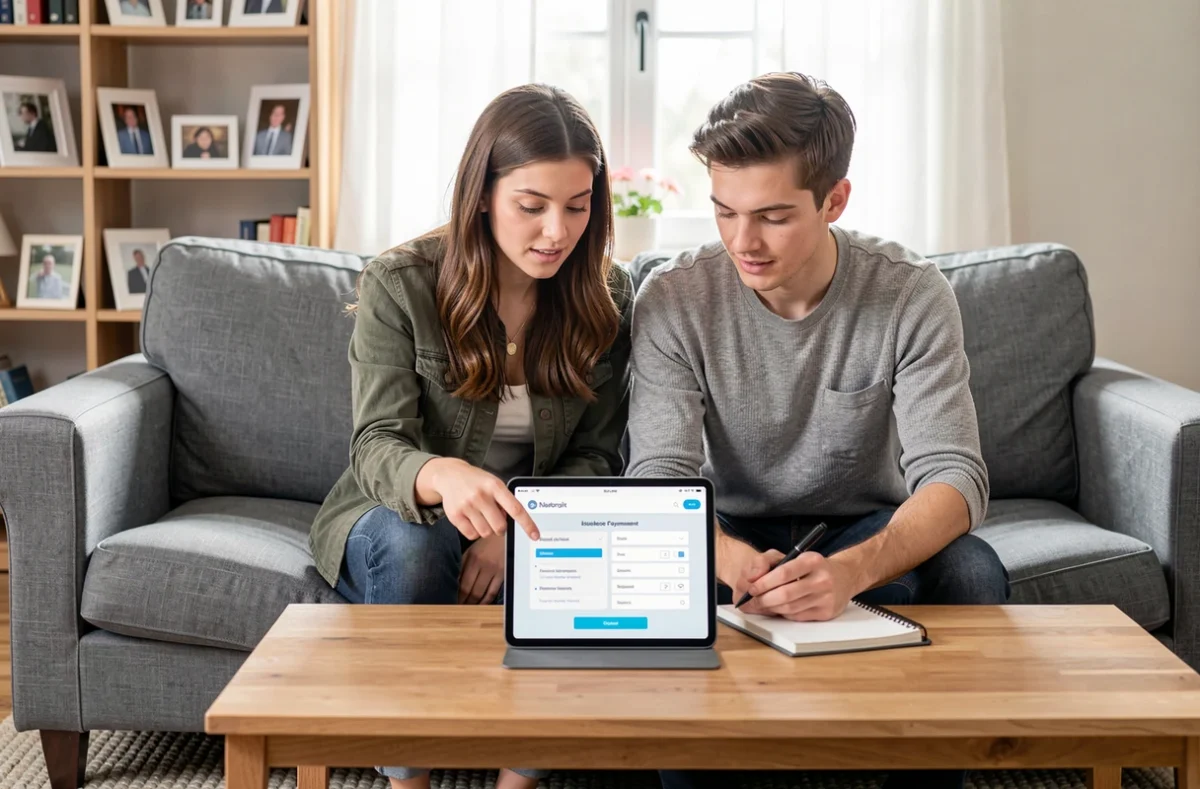 Couple discutant d'un plan de paiement mensuel pour une assurance habitation sur une tablette dans leur salon