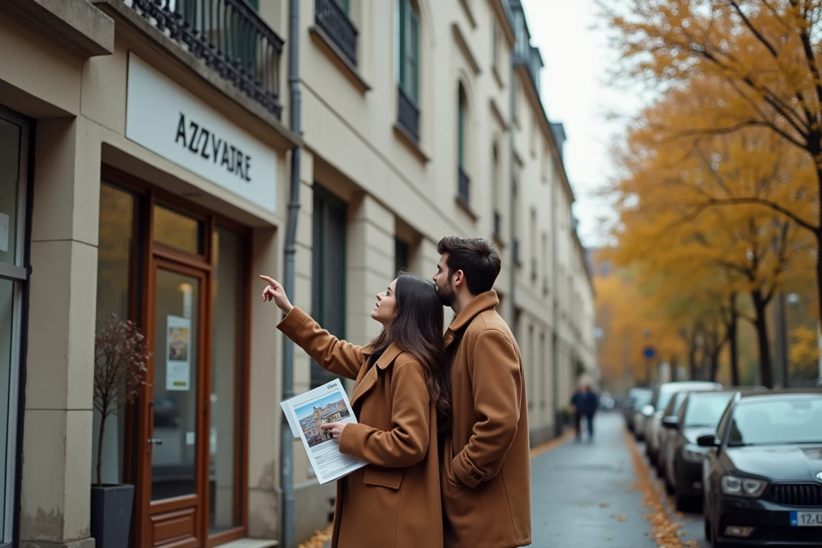 Couple visitant un immeuble résidentiel à vendre dans un quartier de Lyon en automne