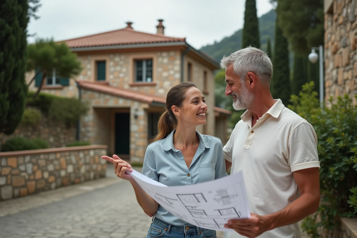 Couple examinant les plans d'une maison en pierre sur un coteau résidentiel avant signature immobilière