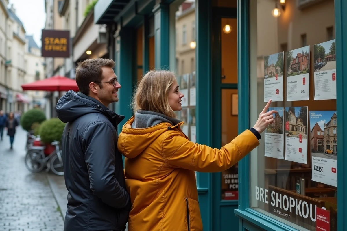 Couple étudiant les annonces immobilières en vitrine d'une agence dans un quartier de Saint-Étienne