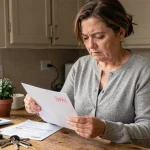 Femme examinant une enveloppe courrier NPAI tamponné en rouge sur une table de cuisine en bois