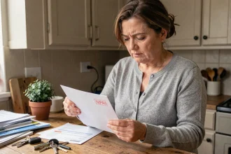 Femme examinant une enveloppe courrier NPAI tamponné en rouge sur une table de cuisine en bois