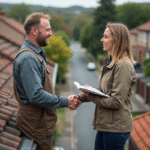 Ouvrier couvreur et femme discutent sur le toit d'une maison