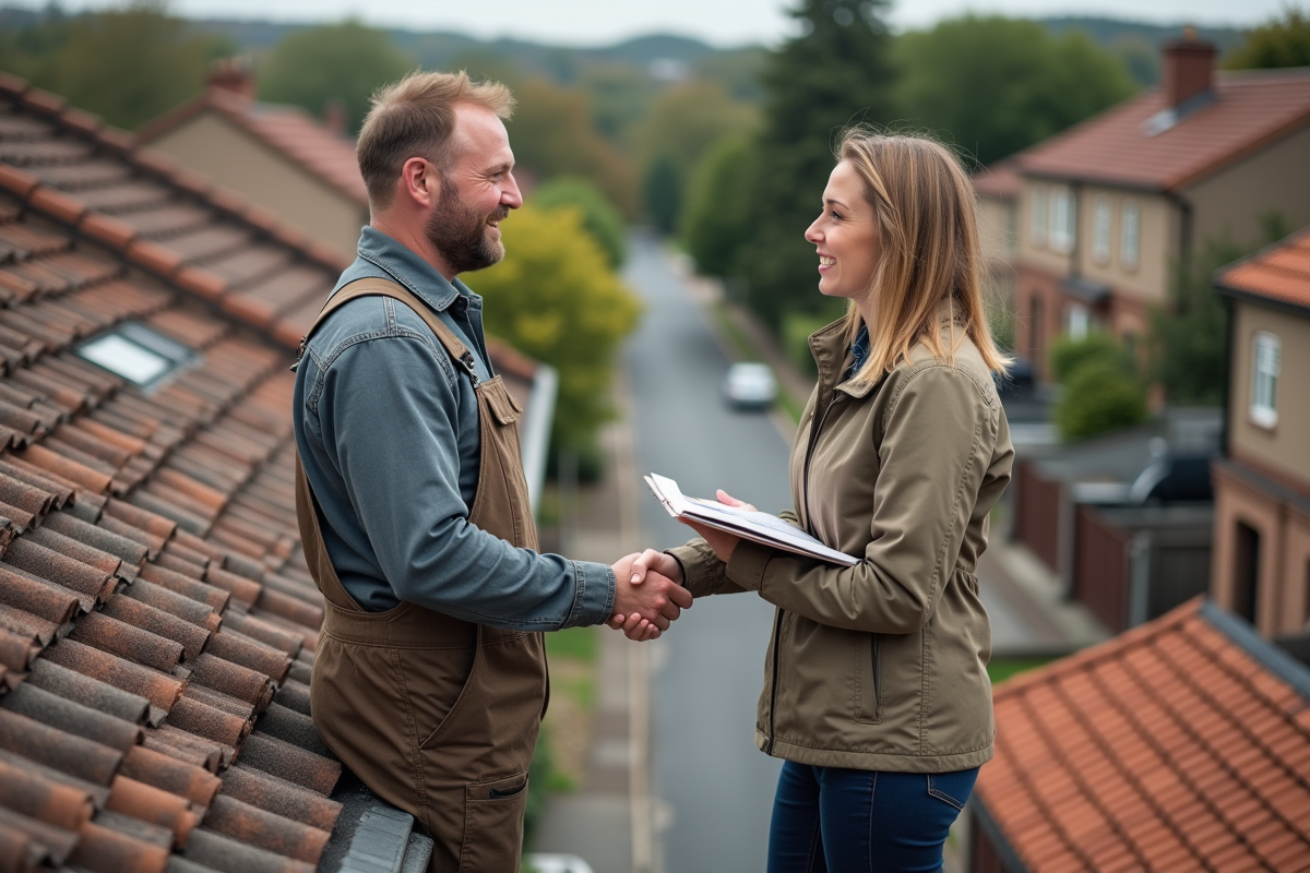 Ouvrier couvreur et femme discutent sur le toit d'une maison