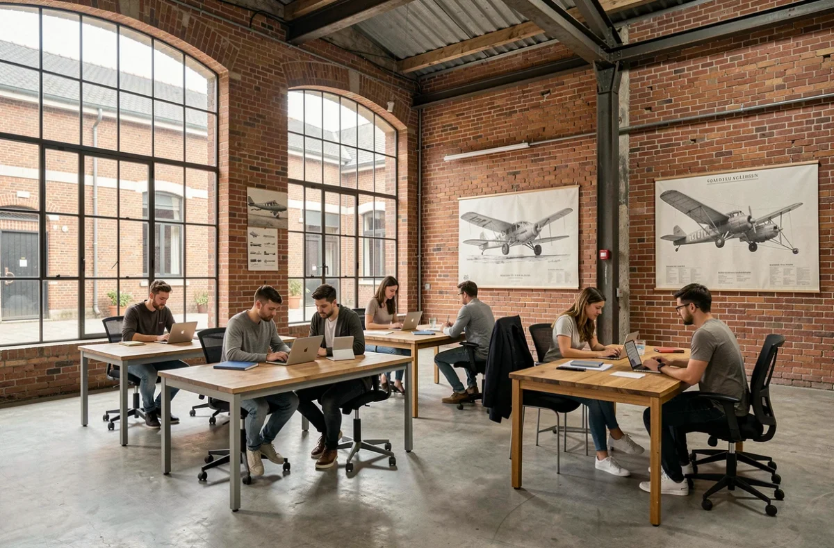 Espace de co-working moderne dans un bâtiment industriel rénové du quartier Montaudran à Toulouse