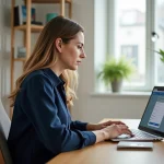Femme créant son compte MyFoncia sur un ordinateur portable dans un bureau à domicile