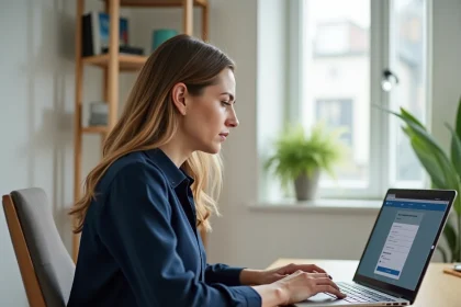 Femme créant son compte MyFoncia sur un ordinateur portable dans un bureau à domicile