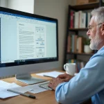 Homme en train de créer un panneau de permis de construire sur Microsoft Word à son bureau à domicile