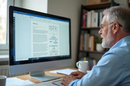 Homme en train de créer un panneau de permis de construire sur Microsoft Word à son bureau à domicile