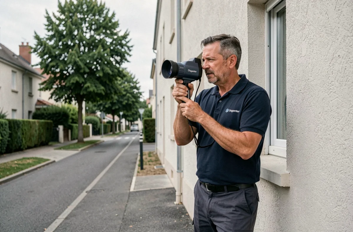 Technicien Diagamter utilisant une caméra thermique sur un bâtiment résidentiel dans les Hauts-de-Seine