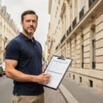 Diagnostiqueur immobilier professionnel devant un immeuble haussmannien dans les Hauts-de-Seine