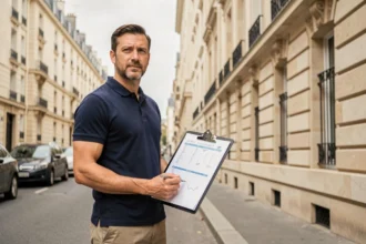 Diagnostiqueur immobilier professionnel devant un immeuble haussmannien dans les Hauts-de-Seine