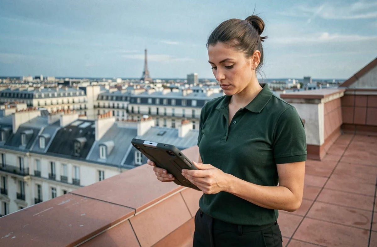 Diagnostiqueure DIPB sur une terrasse d'immeuble parisien avec vue sur Paris et les Hauts-de-Seine