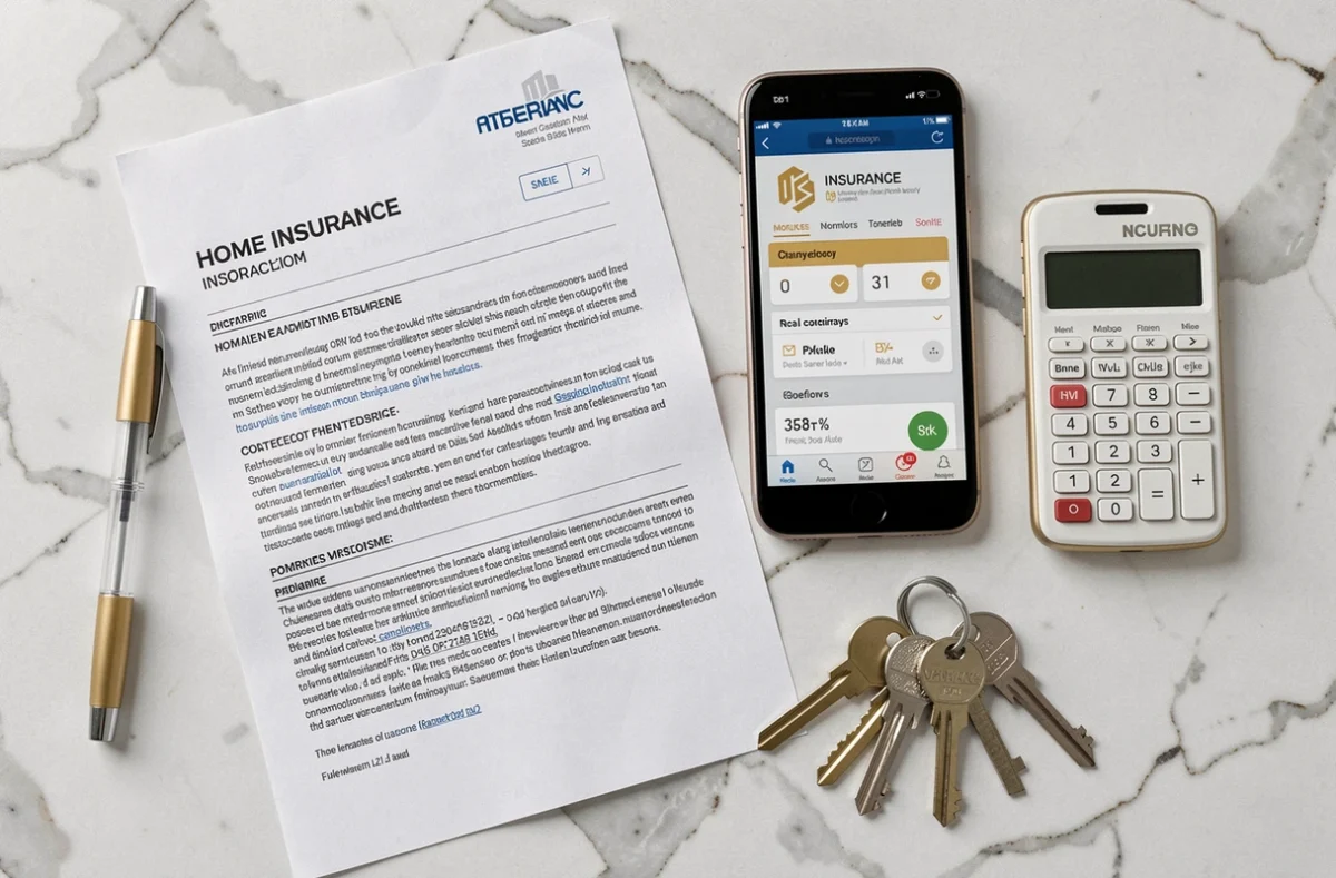 Documents d'assurance appartement avec clés, calculatrice et smartphone sur bureau en marbre blanc