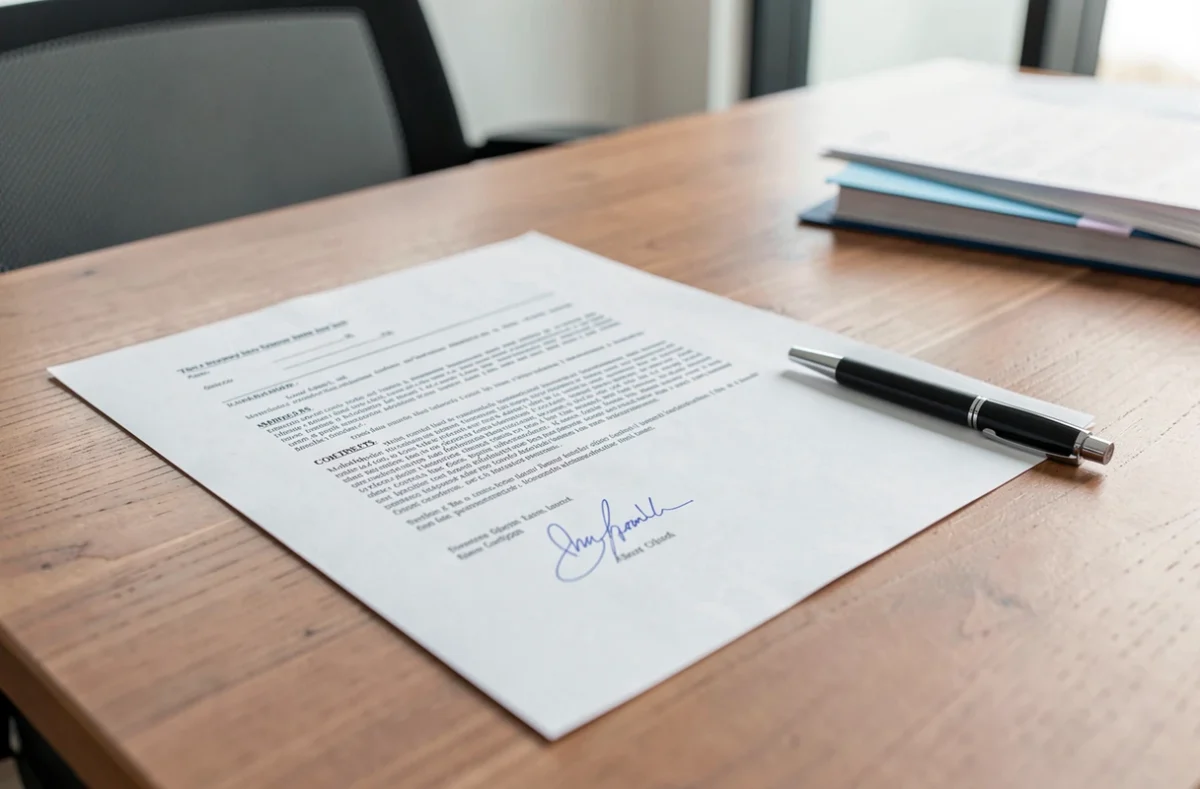 Documents de mandat de vente posés sur un bureau avec un stylo