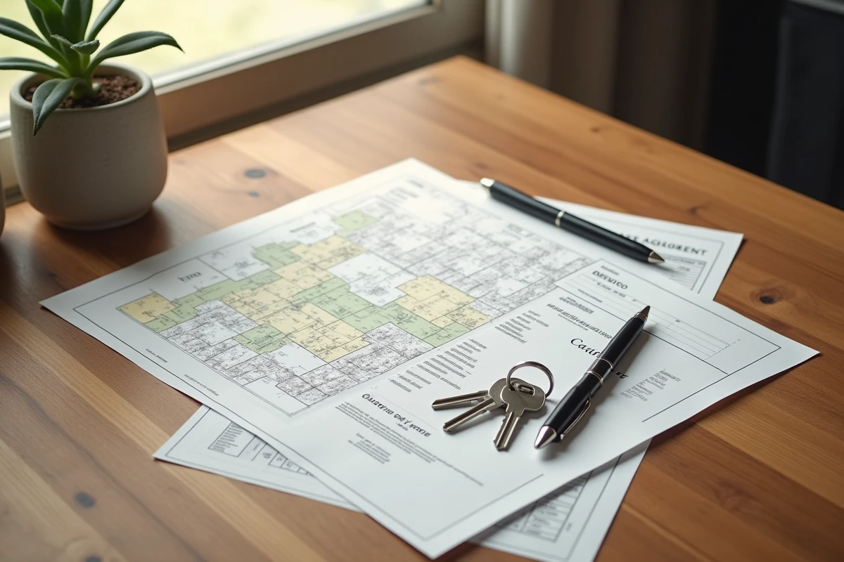 Documents notariaux, plan cadastral et clés posés sur une table pour la vente d'une parcelle avec mobil home