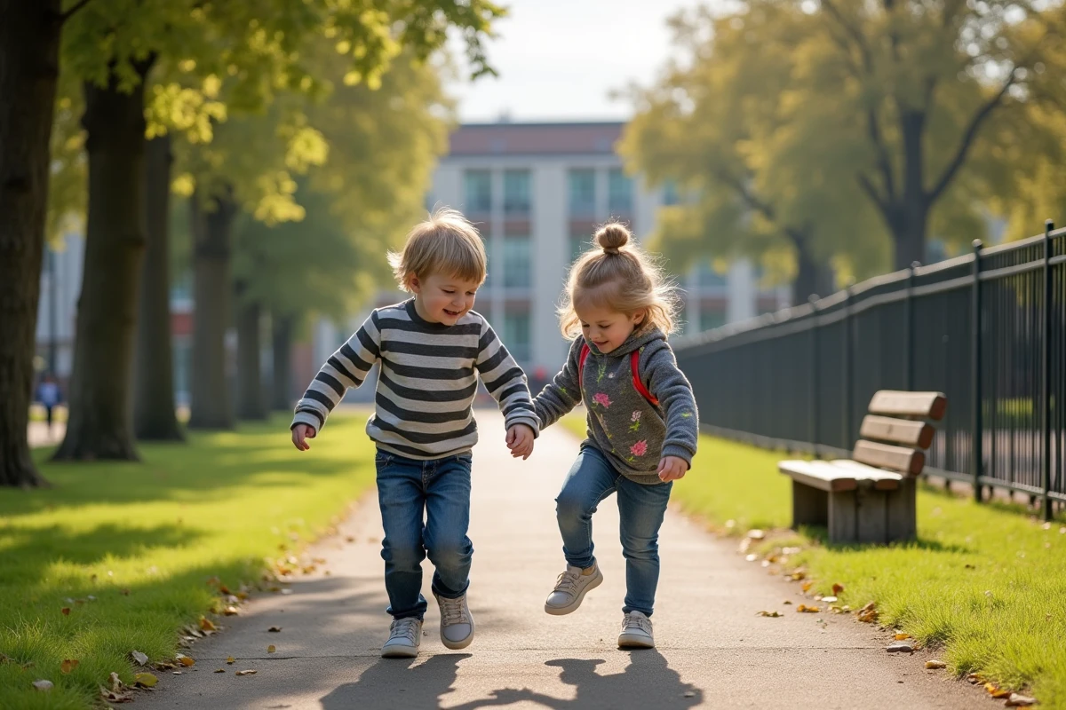 Enfants jouant dans un parc d'Alfortville avec une école en arrière-plan, symbole du choix stratégique pour les familles avec Convergence 94