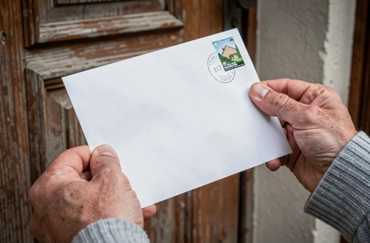 Mains tenant une enveloppe cachetée destinée à un assureur pour une résiliation de contrat habitation