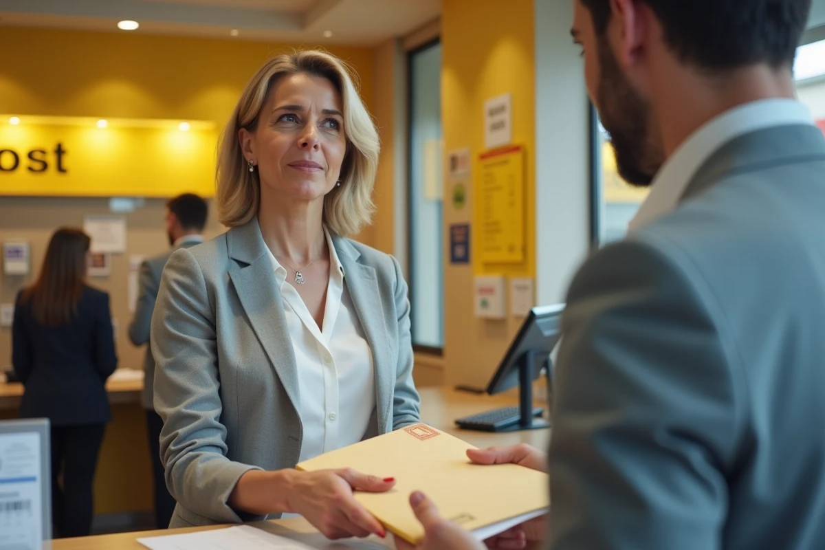 Femme envoyant une lettre recommandée de congé à son locataire dans un bureau de poste, démarche légale selon la loi du 6 juillet 1989