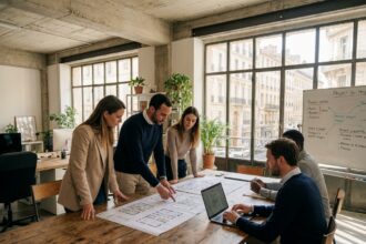 Équipe de professionnels en réunion dans un bureau moderne à Marseille pour choisir de nouveaux espaces de travail