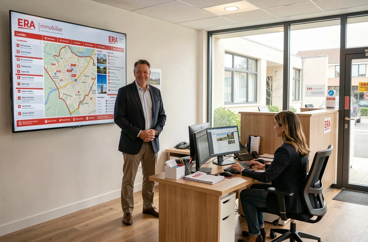 Agent ERA Immobilier dans les Landes devant un écran de cartographie des annonces immobilières de la région