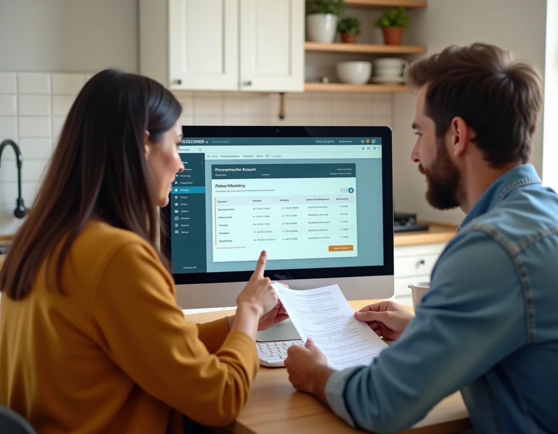 Couple consultant leur espace locataire MyFoncia sur un ordinateur de bureau à domicile