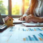 Espace de travail professionnel avec documents financiers et maison