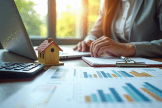 Espace de travail professionnel avec documents financiers et maison