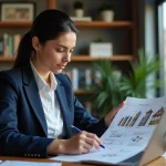 Femme agent immobilier consultant une estimation en ligne sur bricosuccess-immo.fr avant une négociation avec un acheteur