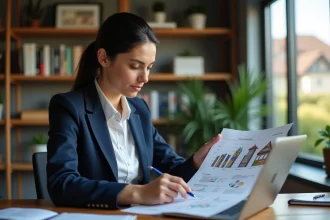 Femme agent immobilier consultant une estimation en ligne sur bricosuccess-immo.fr avant une négociation avec un acheteur
