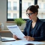 Agent immobilière analysant une estimation de loyer pour un appartement lyonnais dans une agence moderne