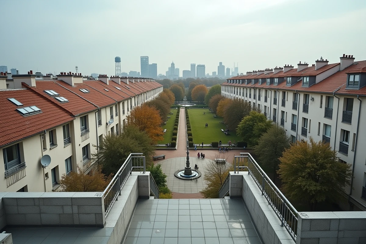 Vue panoramique depuis un toit sur l'évolution urbaine de Nanterre, de la Cité Pablo Picasso aux Tours Aillaud en arrière-plan