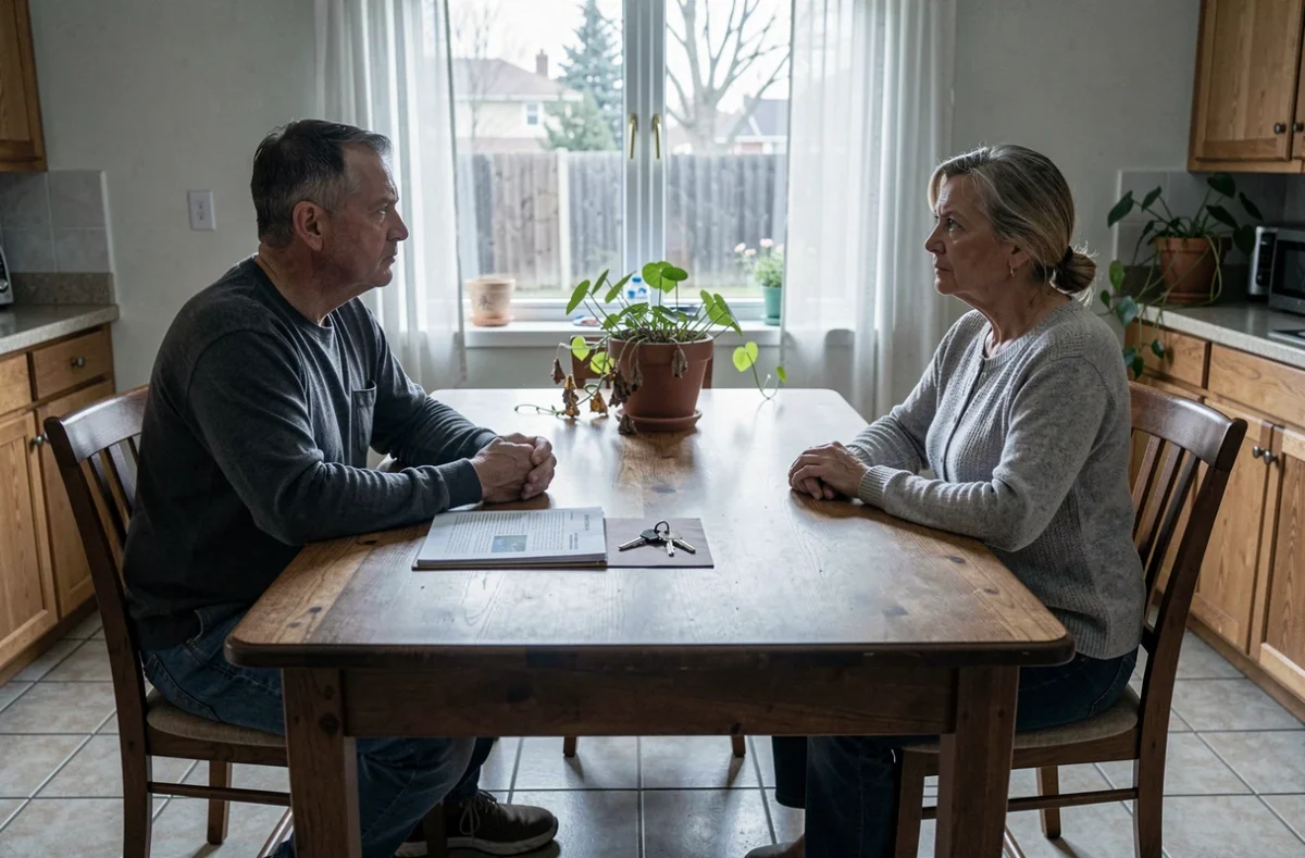 Ex-conjoints assis à une table avec un dossier de vente immobilière posé entre eux lors d'une séparation