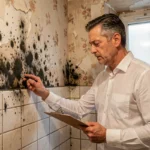 Expert en bâtiment inspectant des moisissures sur le mur d'une salle de bain en copropriété