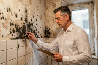 Expert en bâtiment inspectant des moisissures sur le mur d'une salle de bain en copropriété