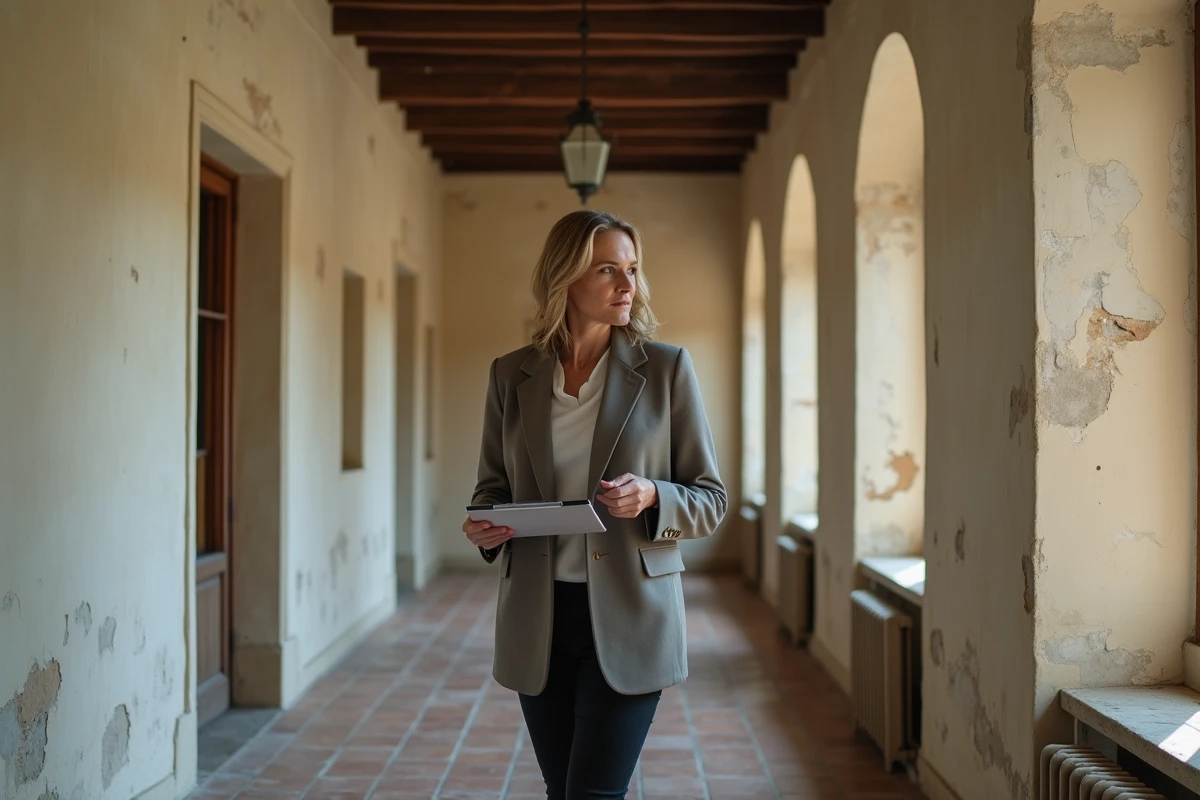 Experte immobilière évaluant l'état d'une maison ancienne en pierre lors d'une estimation de prix en indivision