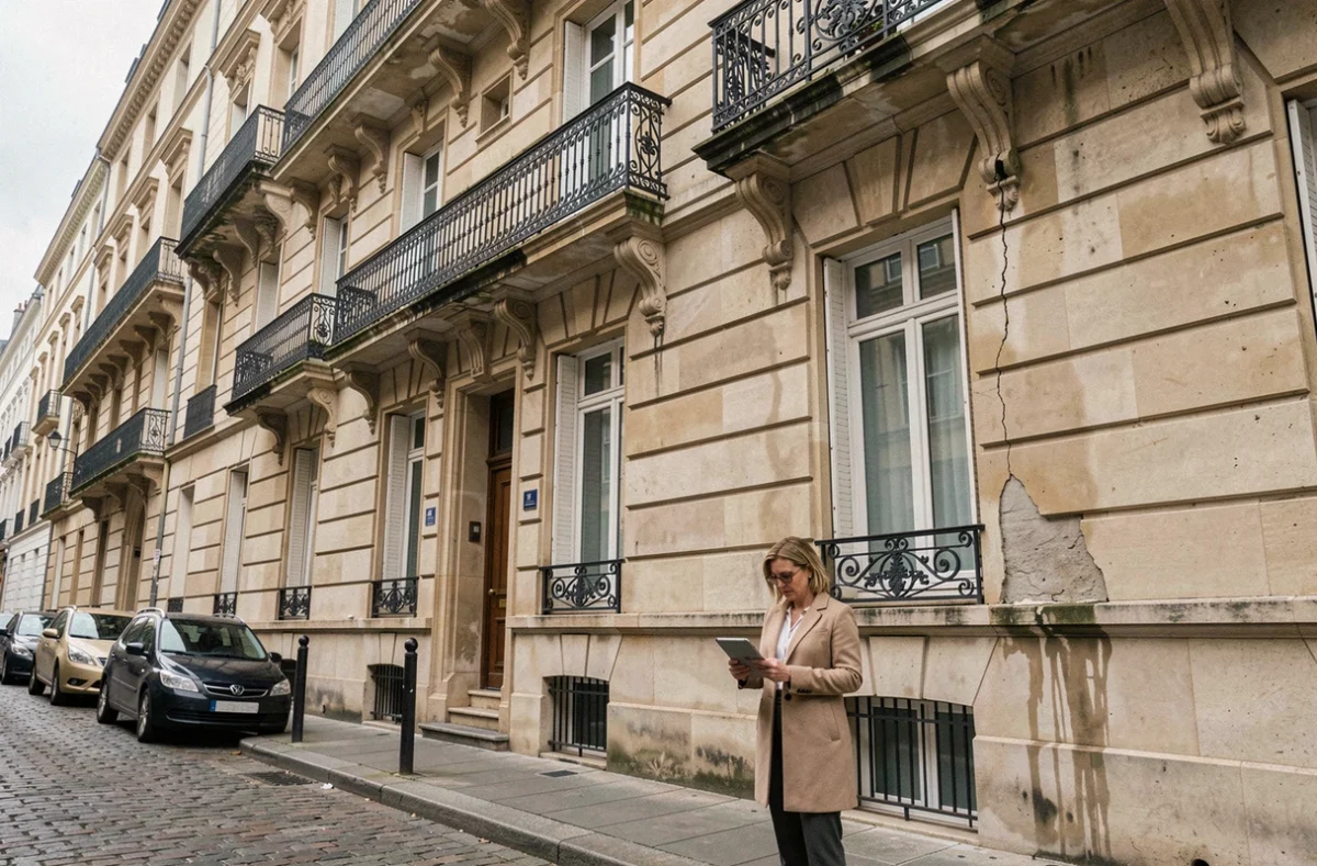 Façade d'immeuble résidentiel parisien avec dommages visibles inspectée par une agent immobilière