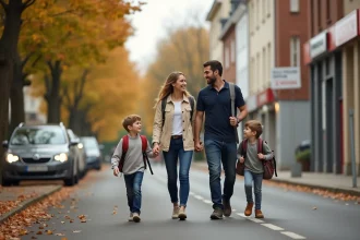 Famille avec enfants marchant dans une rue résidentielle d'Alfortville, illustrant un cadre de vie stratégique pour les familles
