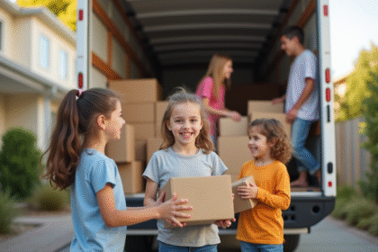 Famille souriante chargeant des cartons devant une maison